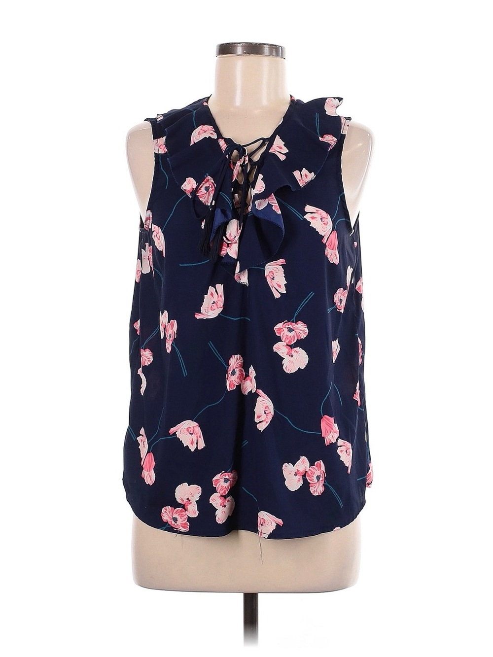 41 Hawthorn Navy Sleeveless Floral Tie-Front Ruffle Top